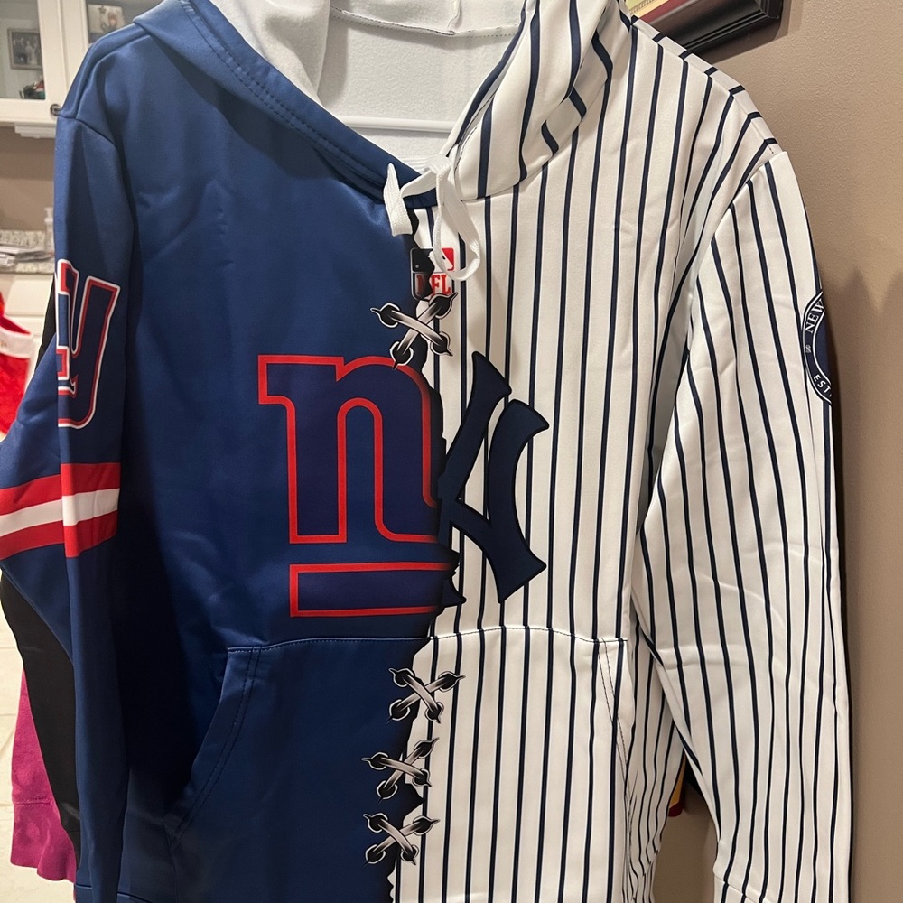 Blue and White Split Hoodie with Logos